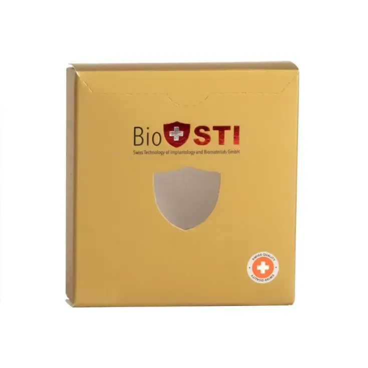 Custom printed gold window box: folding carton with a shield-shaped die-cut window and clear film patch, used as medical device packaging